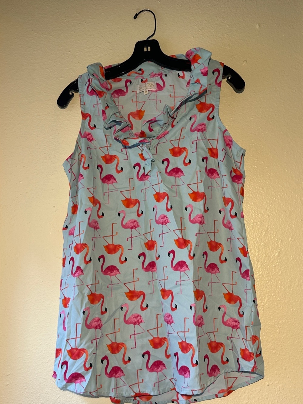 Mud Pie Light Blue Flamingo Print Ruffle Neck Sleeveless Top EUC